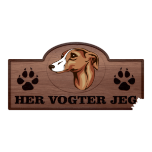 Her vogter jeg - Whippet. Klistermærke med tryk. Printet på vandfast selvklæbende PVC-folie fra stickers.dk