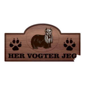 Her vogter jeg - Yorkshire Terrier. Klistermærke med tryk. Printet på vandfast selvklæbende PVC-folie fra stickers.dk