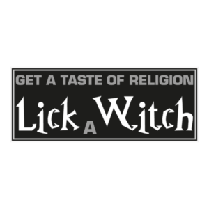 Lick a Witch klistermærke. Bumper sticker. Klistermærke med tryk. Printet på vandfast selvklæbende PVC-folie fra stickers.dk