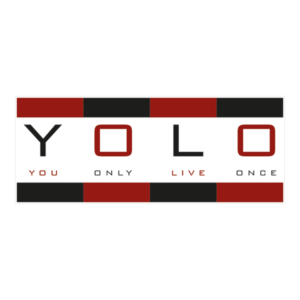 Bumper sticker. Yolo. Klistermærke med tryk. Printet på vandfast selvklæbende PVC-folie fra stickers.dk